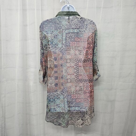 Smash! Green Pink Boho Sheer Tunic Blouse Roll Tab Hi-Low L - Picture 8 of 11